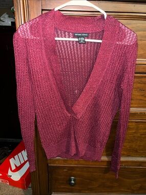 New York & Company Women's Burgundy Metallic V-Neck Sweater